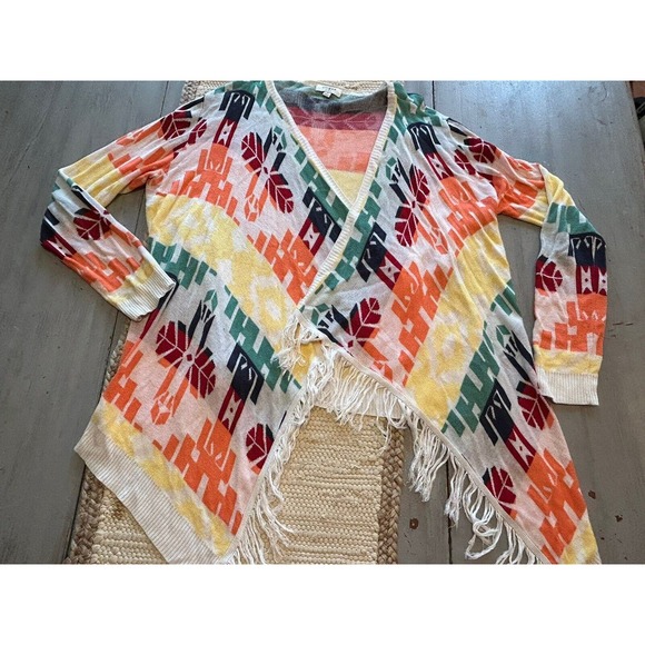 Umgee White Multi Rainbow Color Open Front Cardigan Sz M Fringe Southwest Aztec - Picture 1 of 9